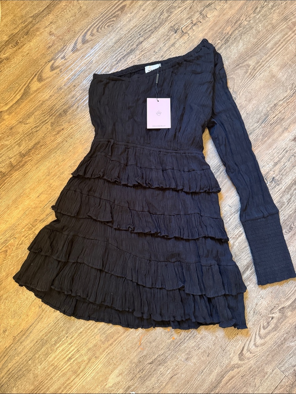 Hello Molly Black One-Shoulder Ruffle Tiered Mini Dress